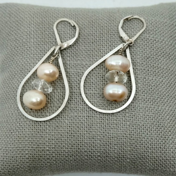PINK FRESHWATER PEARL & SWAROVSKI CRYSTAL STERLING SILVER DROP DANGLE EARRINGS - Picture 2 of 4